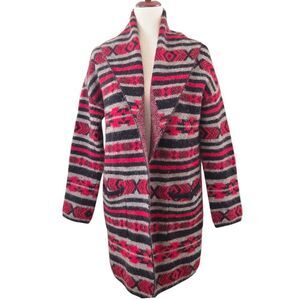 Artisan NY Women's Wool Blend Open Front Cardigan Sweater M Tribal Red Black Tan